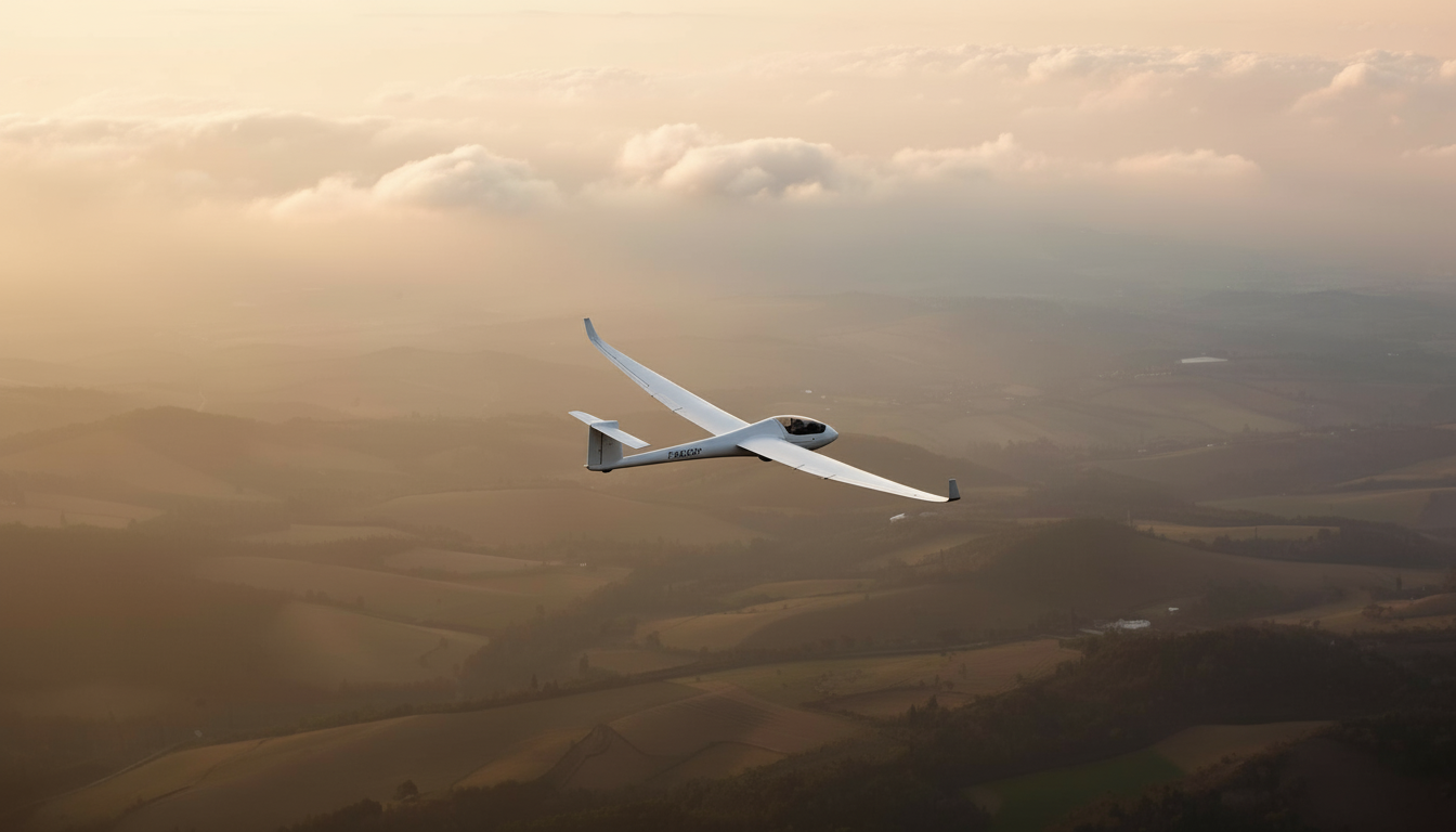 Segelflugzeug nutzt eine Thermik über bewaldeter Landschaft.